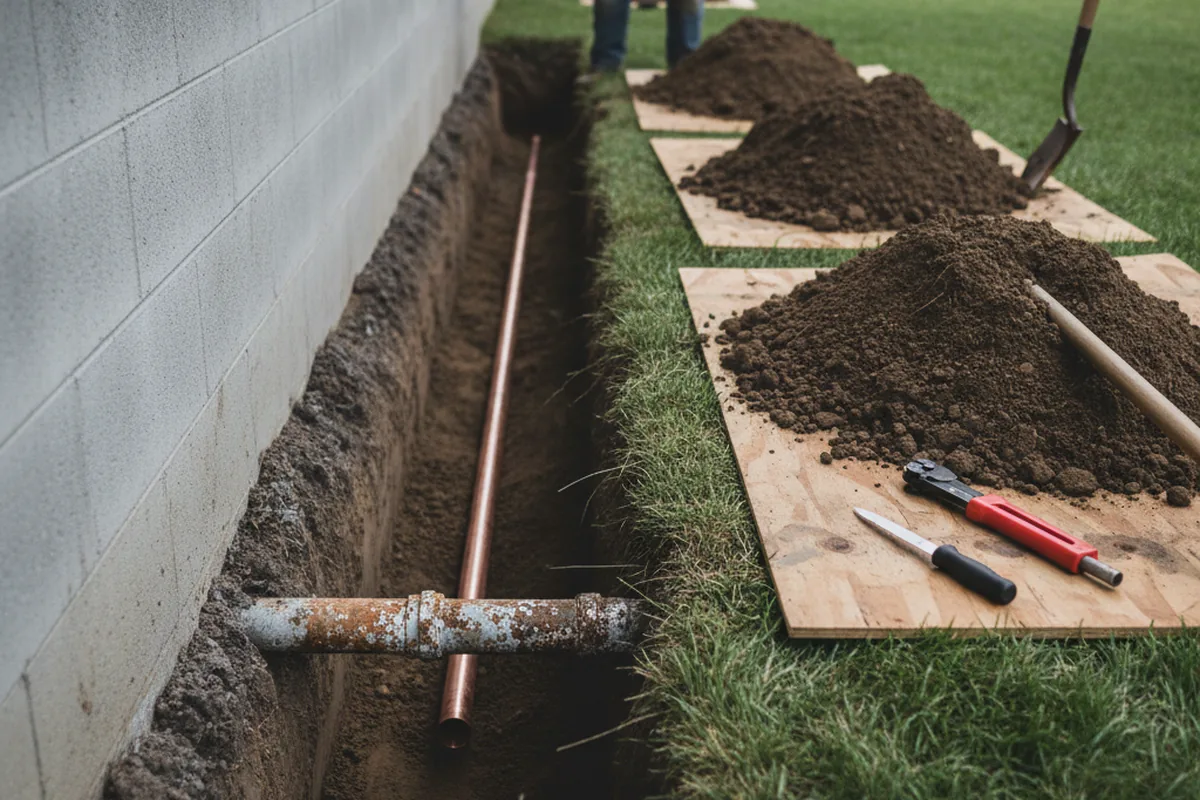 Excavated water line trench during Water Softener Installation in Effingham